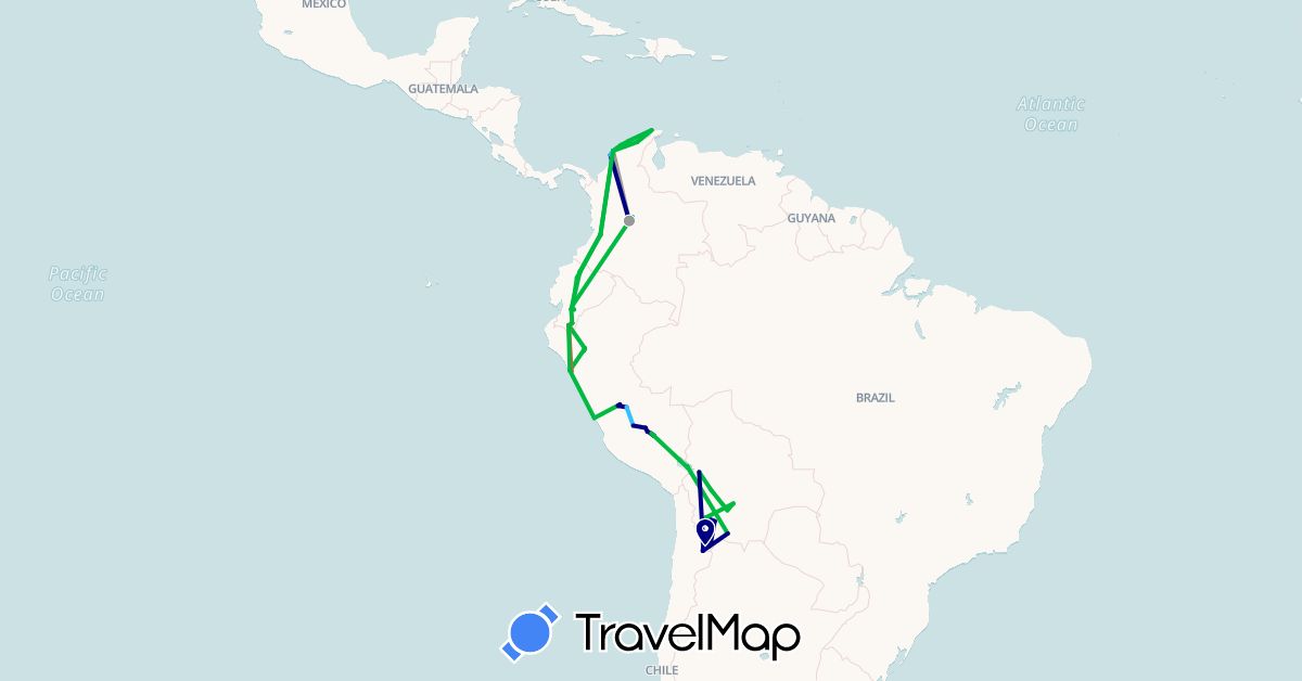 TravelMap itinerary: driving, bus, plane, hiking, boat in Bolivia, Chile, Colombia, Ecuador, Peru (South America)